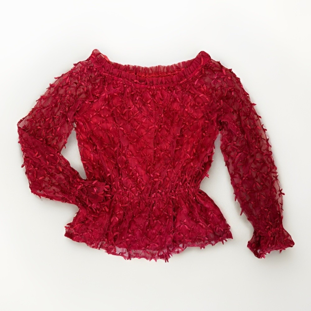 Vintage Debbie Shuchat Medium Blouse Red Textured Long Sleeve Elastic Waist NWT